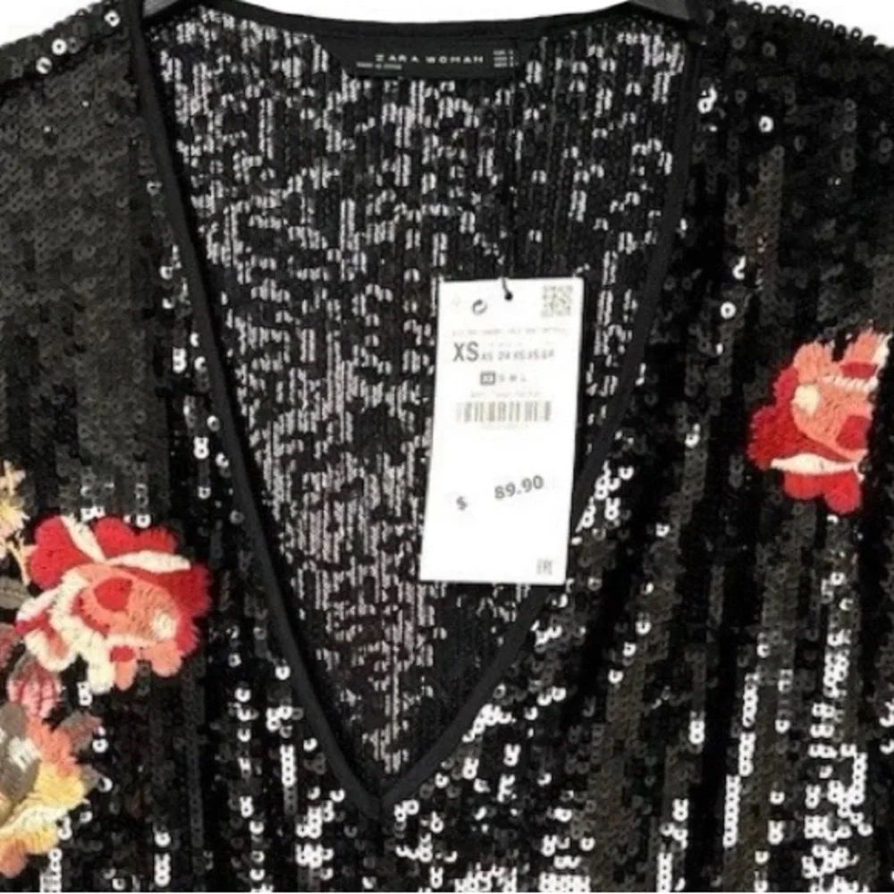 Zara Black Sequin Dress with Floral Accents size XS NEW - Picture 2 of 10